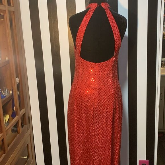 Sexy Retro Vintage 90s Red Sequin Floor Length Formal Gown Halter Neck Leg Slit - Picture 9 of 16